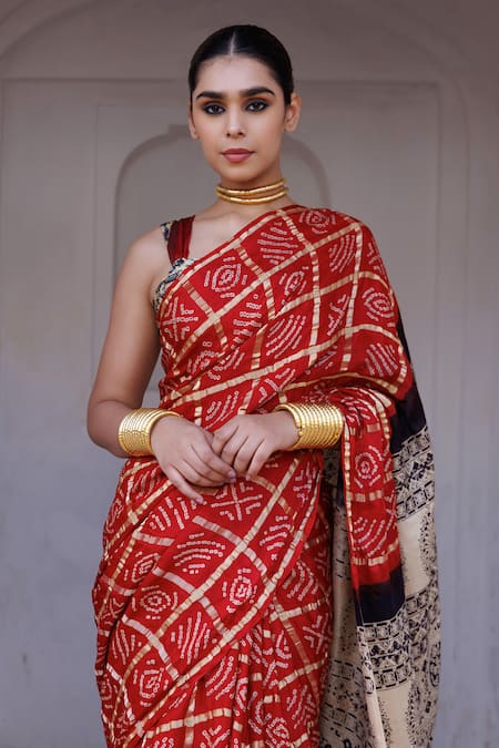 Shop_Geroo Jaipur_Red Gabardine, Silk Gajji Bandhani Gharchola Saree With Unstitched Blouse Piece_Online_at_Aza_Fashions