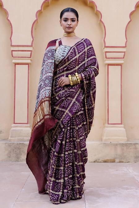 Geroo Jaipur Wine Gingham, Gabardine Gharchola Gajji Silk Saree With Unstitched Blouse Piece Online at Aza Fashions Geroo Jaipur_Wine Gingham, Gabardine Gharchola Gajji Silk Saree With Unstitched Blouse Piece _Online_at_Aza_Fashions