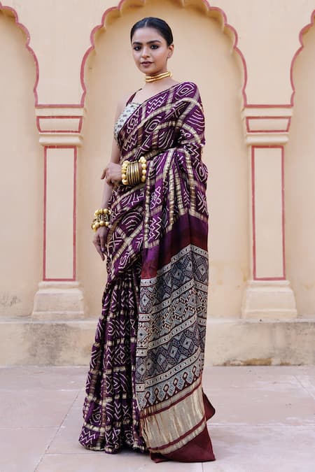 Shop Geroo Jaipur Wine Gingham, Gabardine Gharchola Gajji Silk Saree With Unstitched Blouse Piece Online at Aza Fashions Shop_Geroo Jaipur_Wine Gingham, Gabardine Gharchola Gajji Silk Saree With Unstitched Blouse Piece _Online_at_Aza_Fashions