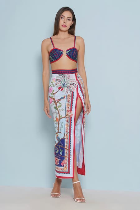 Shop Limerick By Abirr N' Nanki Blue Polyester, Spandex Kyle Floral Print Slit Skirt at Aza Fashions Shop_Limerick By Abirr N' Nanki_Blue Polyester, Spandex Kyle Floral Print Slit Skirt _at_Aza_Fashions