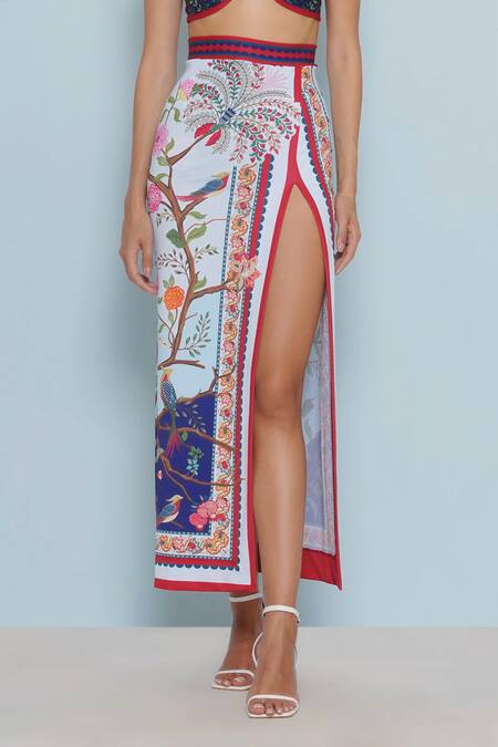 Limerick By Abirr N' Nanki Blue Polyester, Spandex Kyle Floral Print Slit Skirt Online at Aza Fashions Limerick By Abirr N' Nanki_Blue Polyester, Spandex Kyle Floral Print Slit Skirt _Online_at_Aza_Fashions