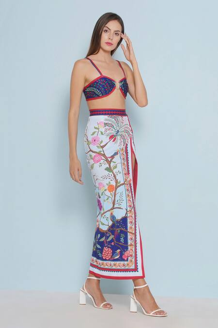 Buy Limerick By Abirr N' Nanki Blue Polyester, Spandex Kyle Floral Print Slit Skirt Online at Aza Fashions Buy_Limerick By Abirr N' Nanki_Blue Polyester, Spandex Kyle Floral Print Slit Skirt _Online_at_Aza_Fashions