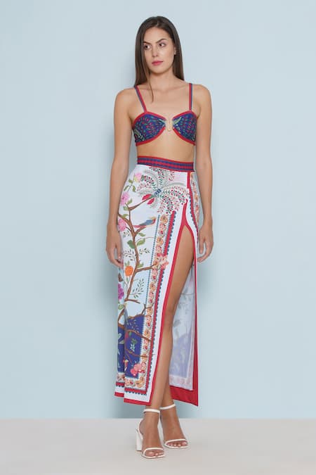 Shop Limerick By Abirr N' Nanki Blue Polyester, Spandex Kyle Floral Print Slit Skirt Online at Aza Fashions Shop_Limerick By Abirr N' Nanki_Blue Polyester, Spandex Kyle Floral Print Slit Skirt _Online_at_Aza_Fashions