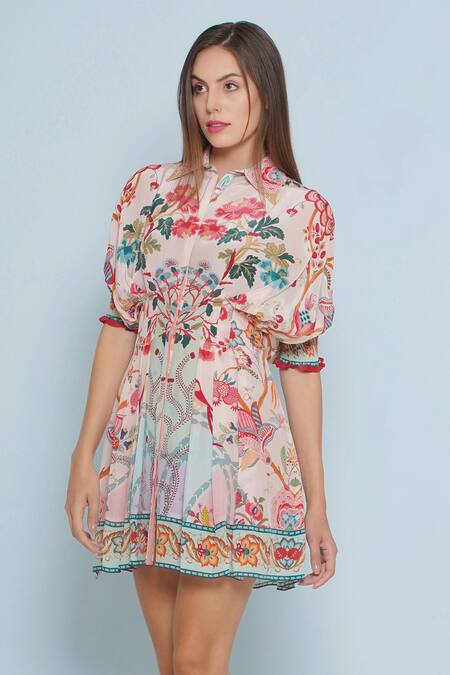 Limerick By Abirr N' Nanki White Crepe Shawl Neck Laurel Blossom Print Dress Online at Aza Fashions Limerick By Abirr N' Nanki_White Crepe Shawl Neck Laurel Blossom Print Dress _Online_at_Aza_Fashions