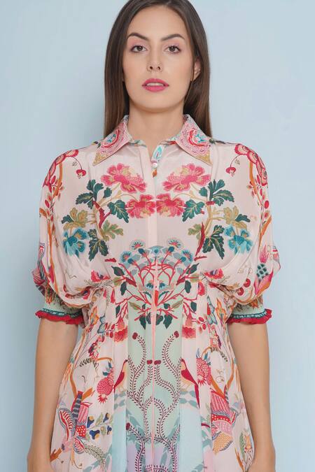 Buy Limerick By Abirr N' Nanki White Crepe Shawl Neck Laurel Blossom Print Dress Online at Aza Fashions Buy_Limerick By Abirr N' Nanki_White Crepe Shawl Neck Laurel Blossom Print Dress _Online_at_Aza_Fashions