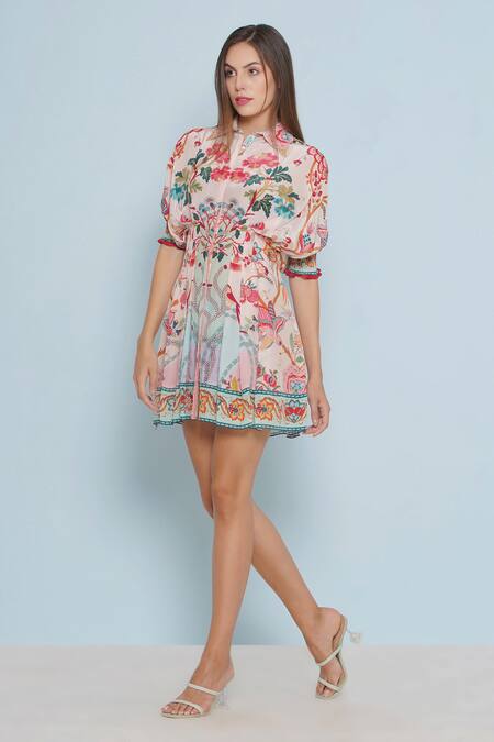 Limerick By Abirr N' Nanki White Crepe Shawl Neck Laurel Blossom Print Dress at Aza Fashions Limerick By Abirr N' Nanki_White Crepe Shawl Neck Laurel Blossom Print Dress _at_Aza_Fashions