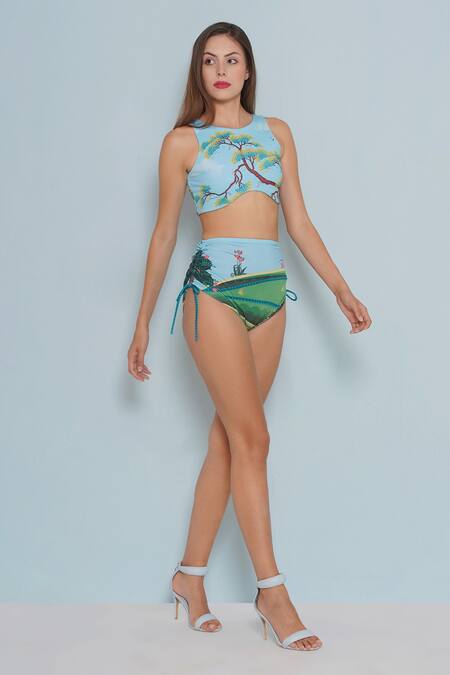Shop_Limerick By Abirr N' Nanki_Blue Spandex, Polyester Round Neck Lin Forest Print Bikini Set _Online_at_Aza_Fashions