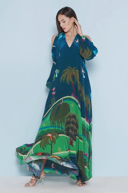 Limerick By Abirr N' Nanki_Blue Crepe V-neck Mira Forest Pint Dress _Online_at_Aza_Fashions