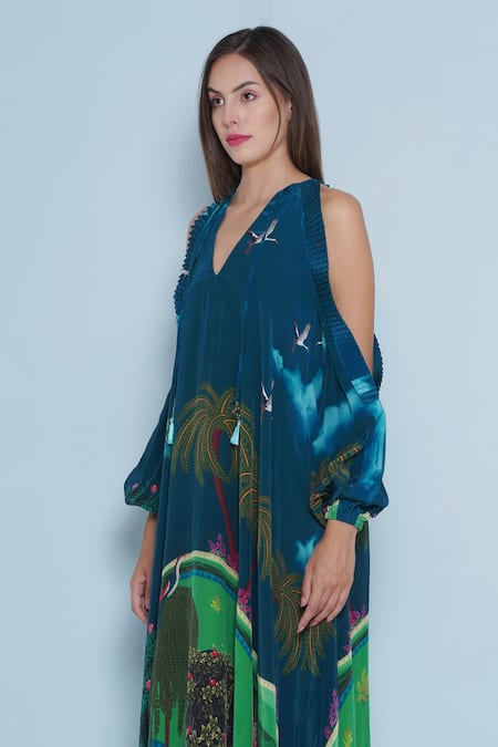 Buy_Limerick By Abirr N' Nanki_Blue Crepe V-neck Mira Forest Pint Dress _Online_at_Aza_Fashions