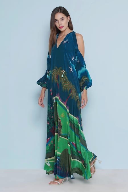 Shop_Limerick By Abirr N' Nanki_Blue Crepe V-neck Mira Forest Pint Dress _Online_at_Aza_Fashions