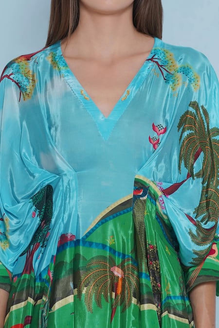 Buy_Limerick By Abirr N' Nanki_Blue Crepe V-neck Norina Garden Print Dress _Online_at_Aza_Fashions