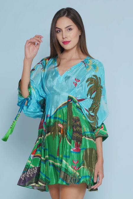 Shop_Limerick By Abirr N' Nanki_Blue Crepe V-neck Norina Garden Print Dress _Online_at_Aza_Fashions
