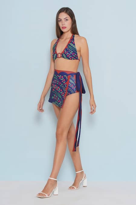 Shop_Limerick By Abirr N' Nanki_Blue Polyester, Spandex Halter Neck Ofir Cp Floral Vine Print Bikini Skirt Set _Online_at_Aza_Fashions