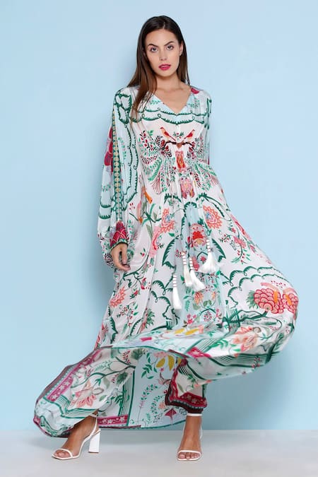 Buy Limerick By Abirr N' Nanki White Crepe V-neck Presley Mughal Print Kaftan Online at Aza Fashions Buy_Limerick By Abirr N' Nanki_White Crepe V-neck Presley Mughal Print Kaftan _Online_at_Aza_Fashions