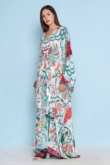 Shop Limerick By Abirr N' Nanki White Crepe V-neck Presley Mughal Print Kaftan Online at Aza Fashions Shop_Limerick By Abirr N' Nanki_White Crepe V-neck Presley Mughal Print Kaftan _Online_at_Aza_Fashions