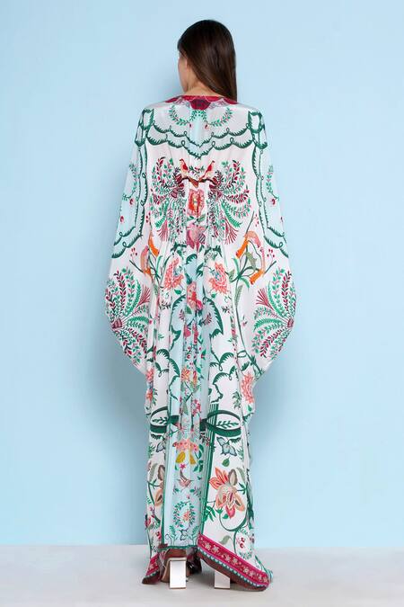 Limerick By Abirr N' Nanki White Crepe V-neck Presley Mughal Print Kaftan at Aza Fashions Limerick By Abirr N' Nanki_White Crepe V-neck Presley Mughal Print Kaftan _at_Aza_Fashions