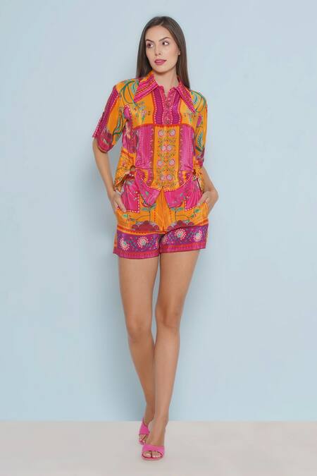 Limerick By Abirr N' Nanki_Pink Crepe Printed Mosaic Quinn Shorts _Online_at_Aza_Fashions