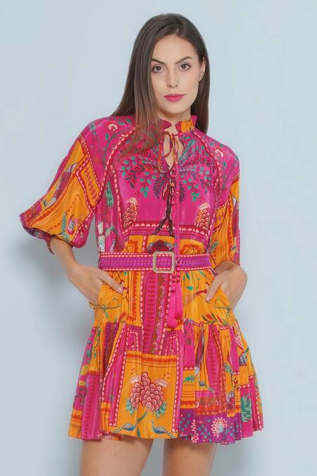 Limerick By Abirr N' Nanki_Pink Crepe Buckles Round Neck Riley Floral Mosaic Print Dress _Online_at_Aza_Fashions