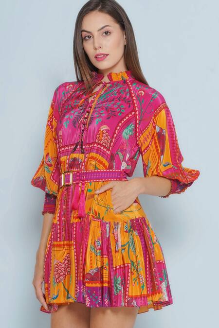 Buy_Limerick By Abirr N' Nanki_Pink Crepe Buckles Round Neck Riley Floral Mosaic Print Dress _Online_at_Aza_Fashions