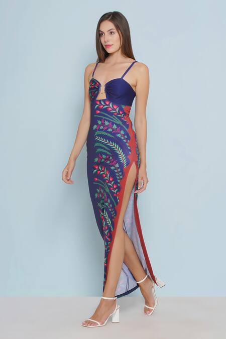 Buy_Limerick By Abirr N' Nanki_Blue Polyester, Spandex Sweetheart Neck Ryn Floral Print Strappy Dress _Online_at_Aza_Fashions