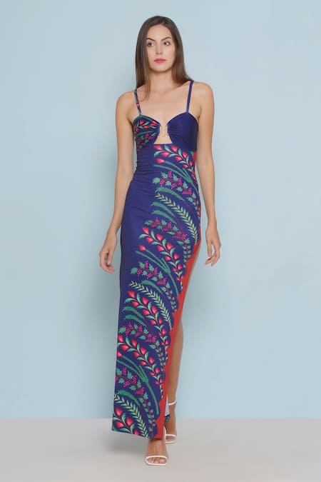 Shop_Limerick By Abirr N' Nanki_Blue Polyester, Spandex Sweetheart Neck Ryn Floral Print Strappy Dress _Online_at_Aza_Fashions