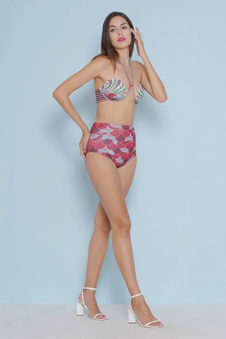 Limerick By Abirr N' Nanki_Pink Spandex, Polyester Halter Neck Samar Printed Cut-out Bikini Set _Online_at_Aza_Fashions