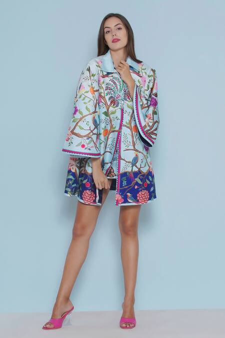 Limerick By Abirr N' Nanki_Blue Satin Embroidery Seri Floral Vine Print Jacket _Online_at_Aza_Fashions