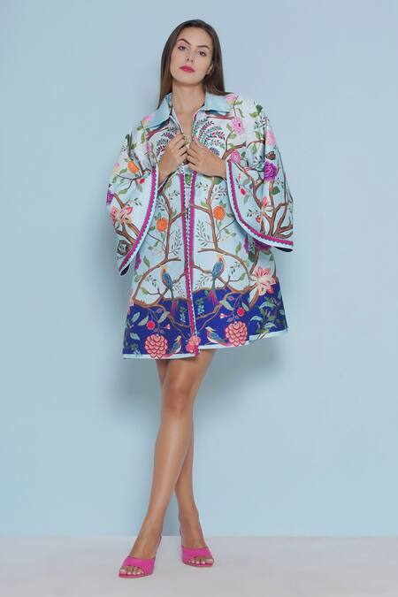 Buy_Limerick By Abirr N' Nanki_Blue Satin Embroidery Seri Floral Vine Print Jacket _Online_at_Aza_Fashions