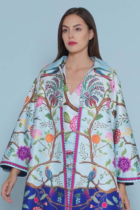 Shop_Limerick By Abirr N' Nanki_Blue Satin Embroidery Seri Floral Vine Print Jacket _Online_at_Aza_Fashions