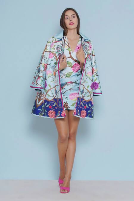 Limerick By Abirr N' Nanki_Blue Satin Embroidery Seri Floral Vine Print Jacket _at_Aza_Fashions