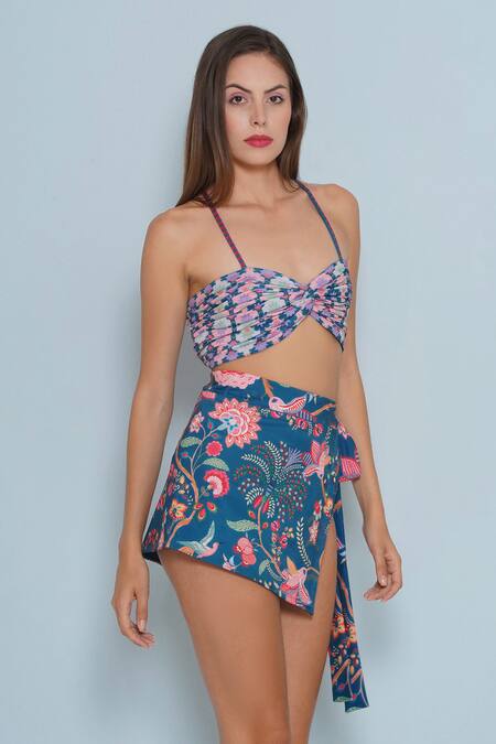 Buy_Limerick By Abirr N' Nanki_Blue Spandex, Polyester Sweetheart Neck Abel Floral Pattern Bikini Skirt Set _Online_at_Aza_Fashions
