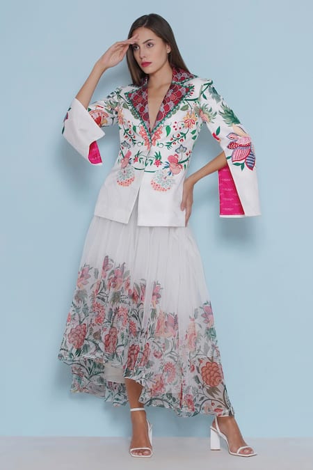 Shop Limerick By Abirr N' Nanki White Satin Embroidery Collared Ace Chintz Print Jacket at Aza Fashions Shop_Limerick By Abirr N' Nanki_White Satin Embroidery Collared Ace Chintz Print Jacket _at_Aza_Fashions