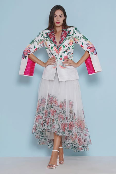 Shop Limerick By Abirr N' Nanki White Organza Embroidery Ace Chintz Print Asymmetric Skirt at Aza Fashions Shop_Limerick By Abirr N' Nanki_White Organza Embroidery Ace Chintz Print Asymmetric Skirt _at_Aza_Fashions
