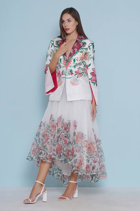 Limerick By Abirr N' Nanki White Organza Embroidery Ace Chintz Print Asymmetric Skirt Online at Aza Fashions Limerick By Abirr N' Nanki_White Organza Embroidery Ace Chintz Print Asymmetric Skirt _Online_at_Aza_Fashions