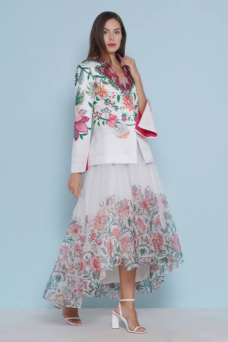 Shop Limerick By Abirr N' Nanki White Organza Embroidery Ace Chintz Print Asymmetric Skirt Online at Aza Fashions Shop_Limerick By Abirr N' Nanki_White Organza Embroidery Ace Chintz Print Asymmetric Skirt _Online_at_Aza_Fashions