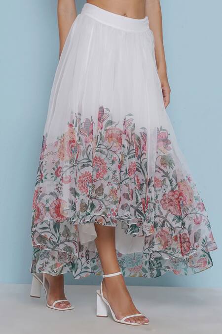 Buy Limerick By Abirr N' Nanki White Organza Embroidery Ace Chintz Print Asymmetric Skirt Buy_Limerick By Abirr N' Nanki_White Organza Embroidery Ace Chintz Print Asymmetric Skirt