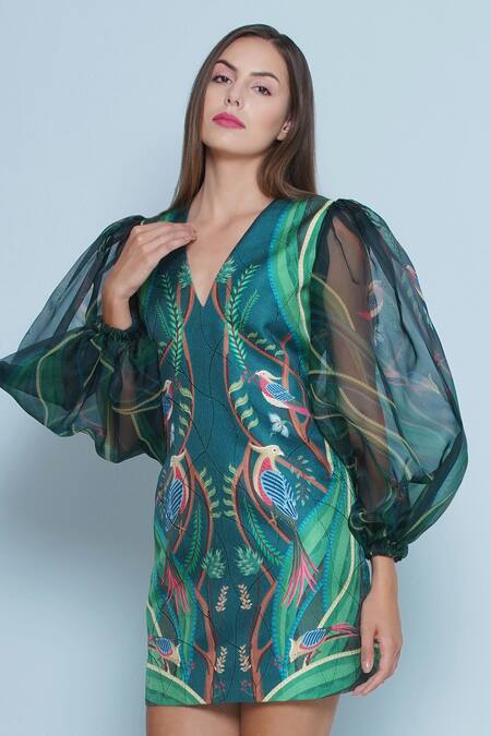 Limerick By Abirr N' Nanki_Blue Organza, Satin V-neck Ben Botanic Print Dress _Online_at_Aza_Fashions