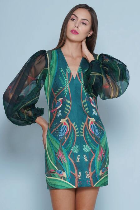 Limerick By Abirr N' Nanki_Blue Organza, Satin V-neck Ben Botanic Print Dress _at_Aza_Fashions