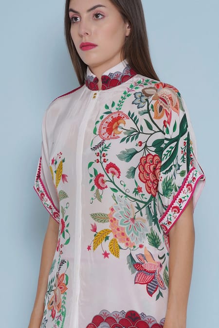 Limerick By Abirr N' Nanki_White Crepe Embroidery Collared Blair Chintz Print Shirt _Online_at_Aza_Fashions