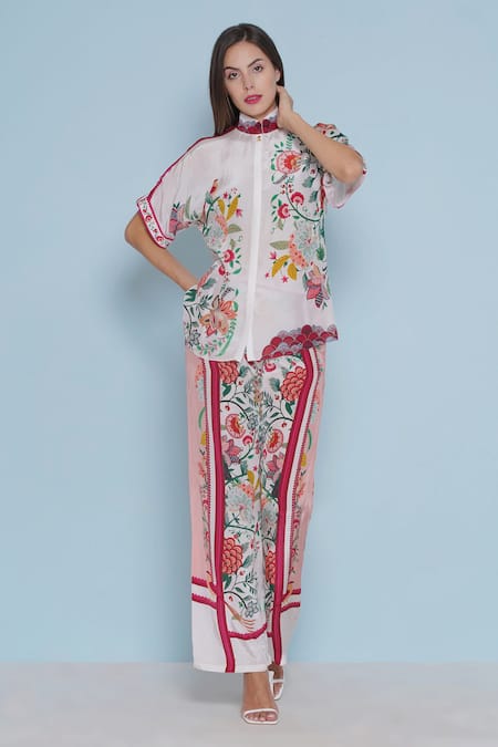 Buy_Limerick By Abirr N' Nanki_White Crepe Embroidery Collared Blair Chintz Print Shirt _Online_at_Aza_Fashions