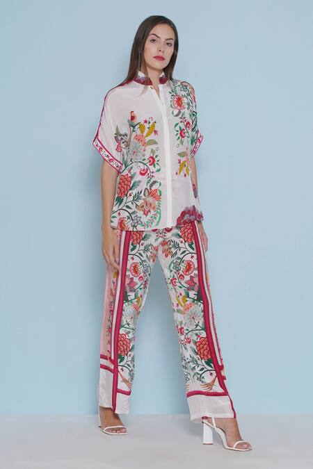 Limerick By Abirr N' Nanki_White Crepe Embroidery Collared Blair Chintz Print Shirt _at_Aza_Fashions