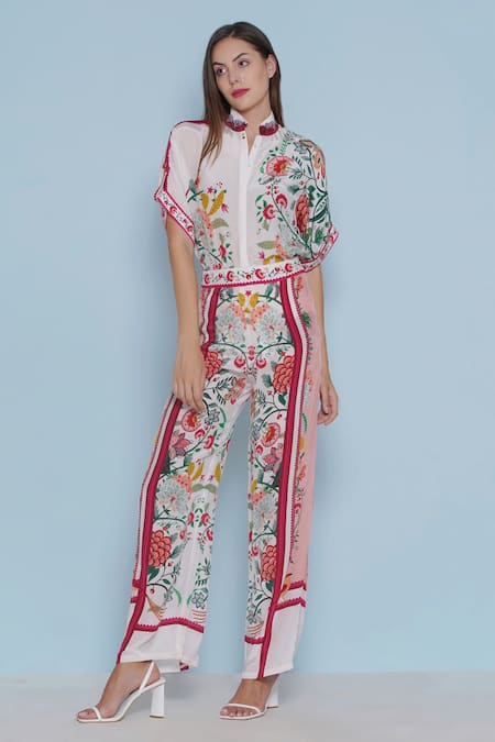 Buy_Limerick By Abirr N' Nanki_White Crepe Embroidery Collared Blair Chintz Print Shirt 