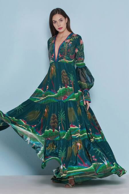 Limerick By Abirr N' Nanki_Blue Crepe Engineered Print Botanic Plunged V Neck Blakely Chintz Tiered Dress _Online_at_Aza_Fashions