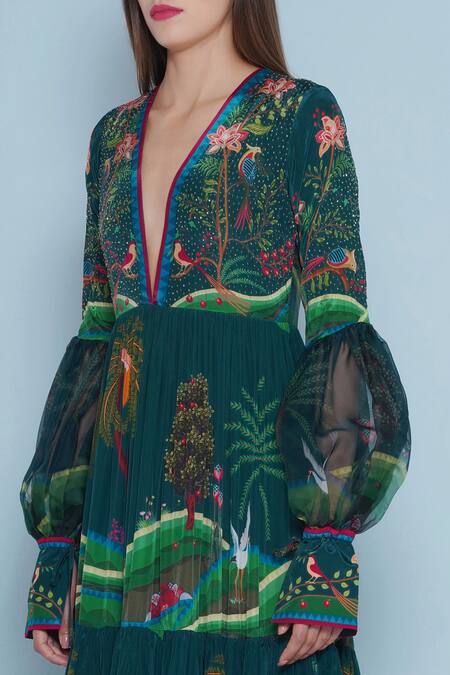 Buy_Limerick By Abirr N' Nanki_Blue Crepe Engineered Print Botanic Plunged V Neck Blakely Chintz Tiered Dress _Online_at_Aza_Fashions