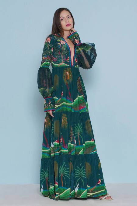 Shop_Limerick By Abirr N' Nanki_Blue Crepe Engineered Print Botanic Plunged V Neck Blakely Chintz Tiered Dress _Online_at_Aza_Fashions