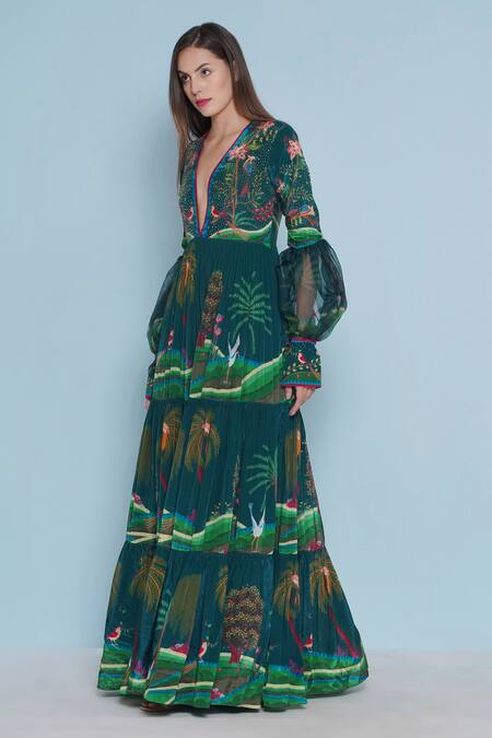 Limerick By Abirr N' Nanki_Blue Crepe Engineered Print Botanic Plunged V Neck Blakely Chintz Tiered Dress _at_Aza_Fashions