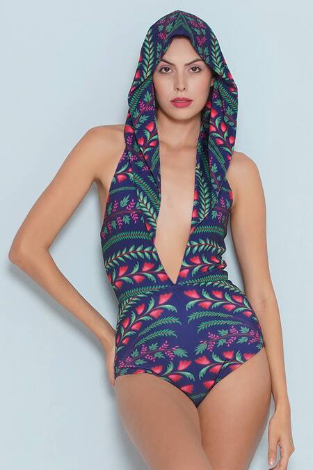 Limerick By Abirr N' Nanki_Blue Polyester, Spandex Plunge Neck Chlo Floral Pattern Hooded Monokini _Online_at_Aza_Fashions