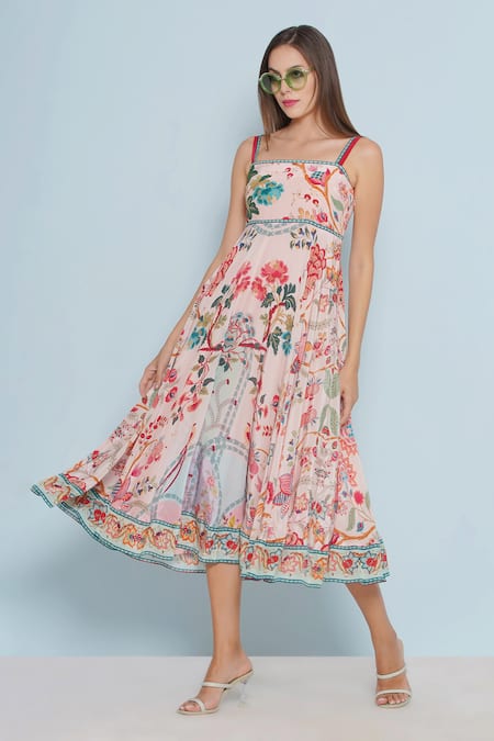 Limerick By Abirr N' Nanki_Pink Crepe Embroidery Square Claude Chintz Floral Pattern Fit And Flared Dress _Online_at_Aza_Fashions
