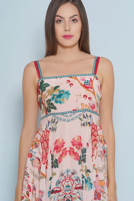 Buy_Limerick By Abirr N' Nanki_Pink Crepe Embroidery Square Claude Chintz Floral Pattern Fit And Flared Dress _Online_at_Aza_Fashions