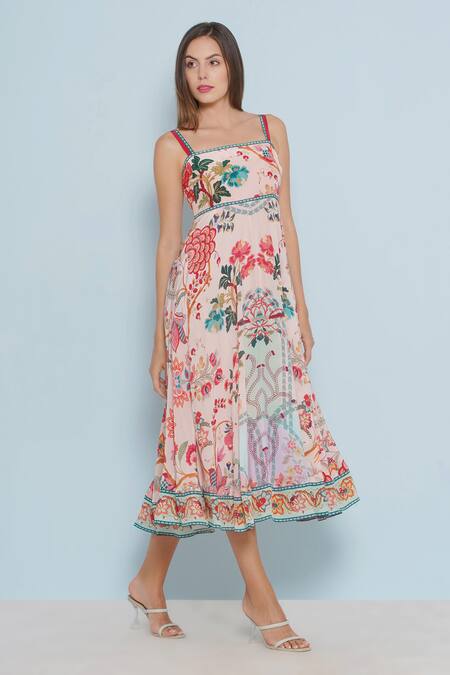 Shop_Limerick By Abirr N' Nanki_Pink Crepe Embroidery Square Claude Chintz Floral Pattern Fit And Flared Dress _Online_at_Aza_Fashions